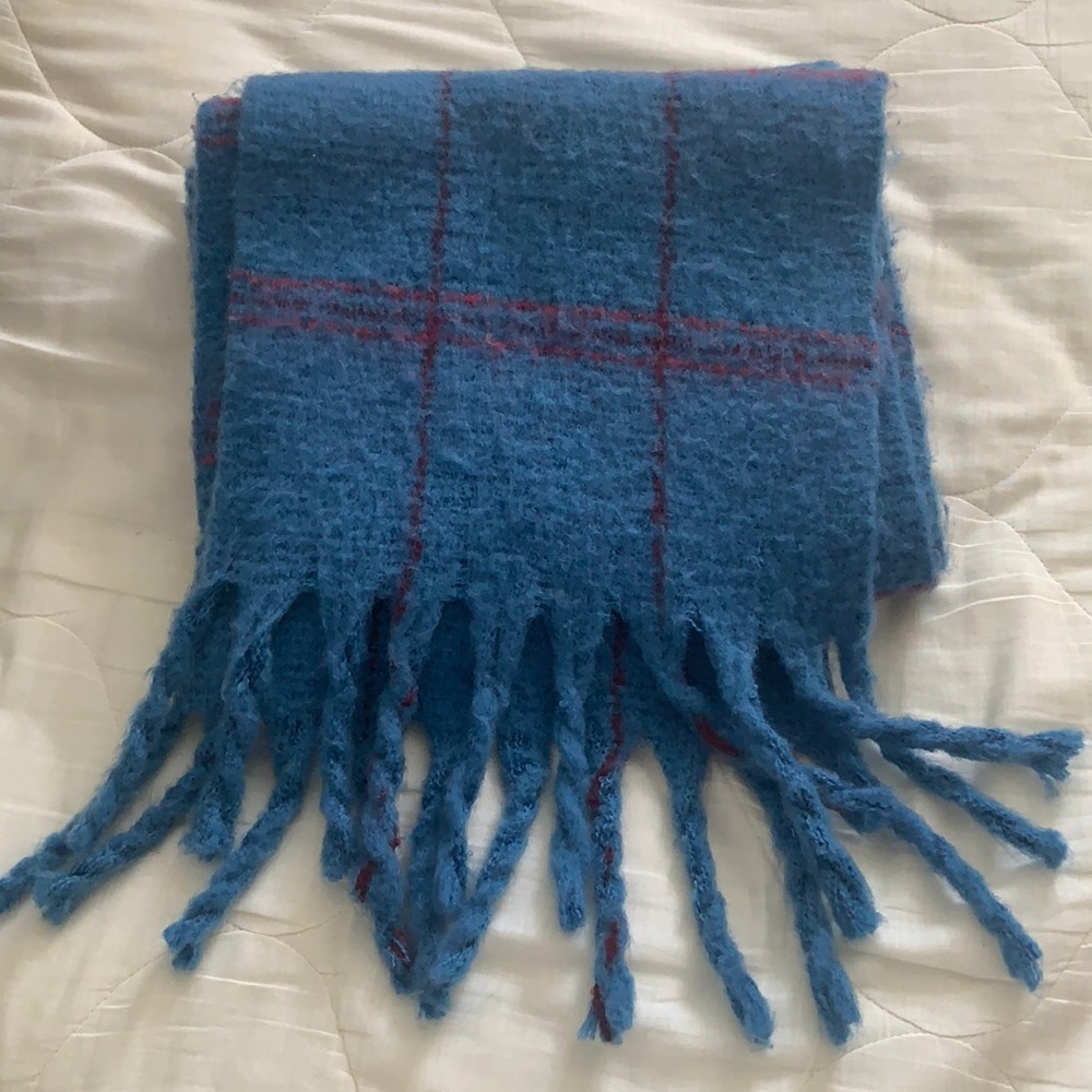A New Day Blue Plaid Merino Wool Fringe Scarf